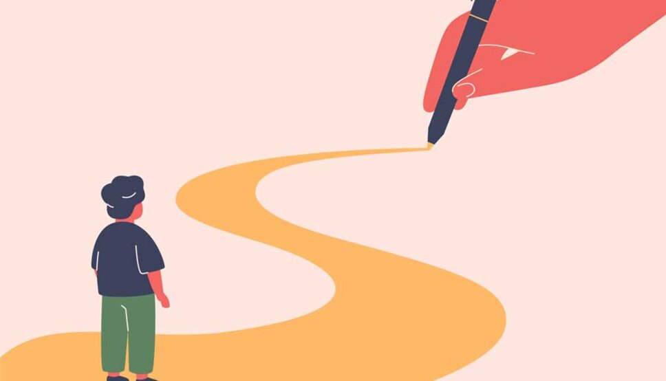 Illustration of adolescent on path being guided by parent hand